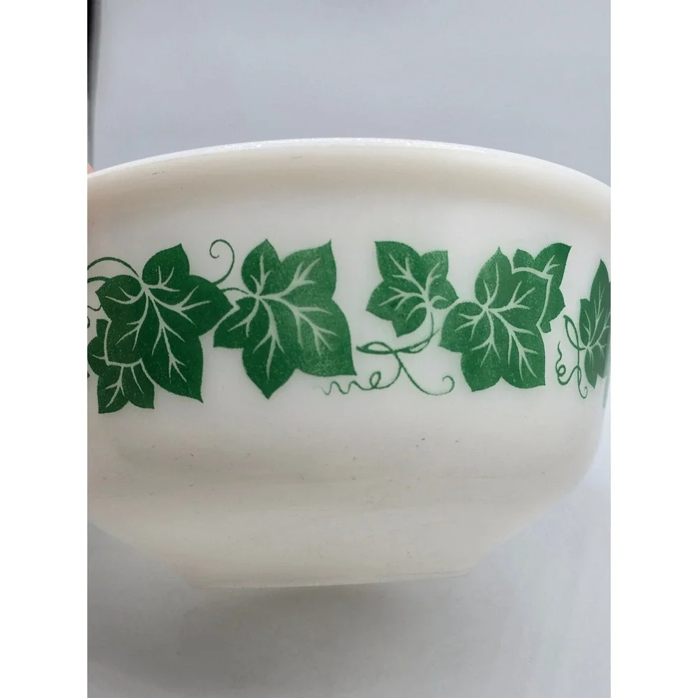Vintage Hazel Atlas Milk Glass Ivy Leaf Mixing Bowl Green White 8 Inch MCM